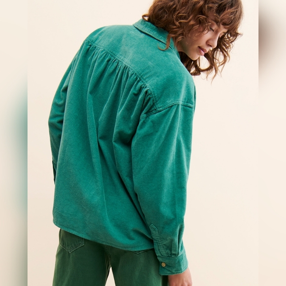 NWT Lee Monaco Green Corduroy Frontier Femme Shirred Button Up Shirt M - Picture 3 of 7